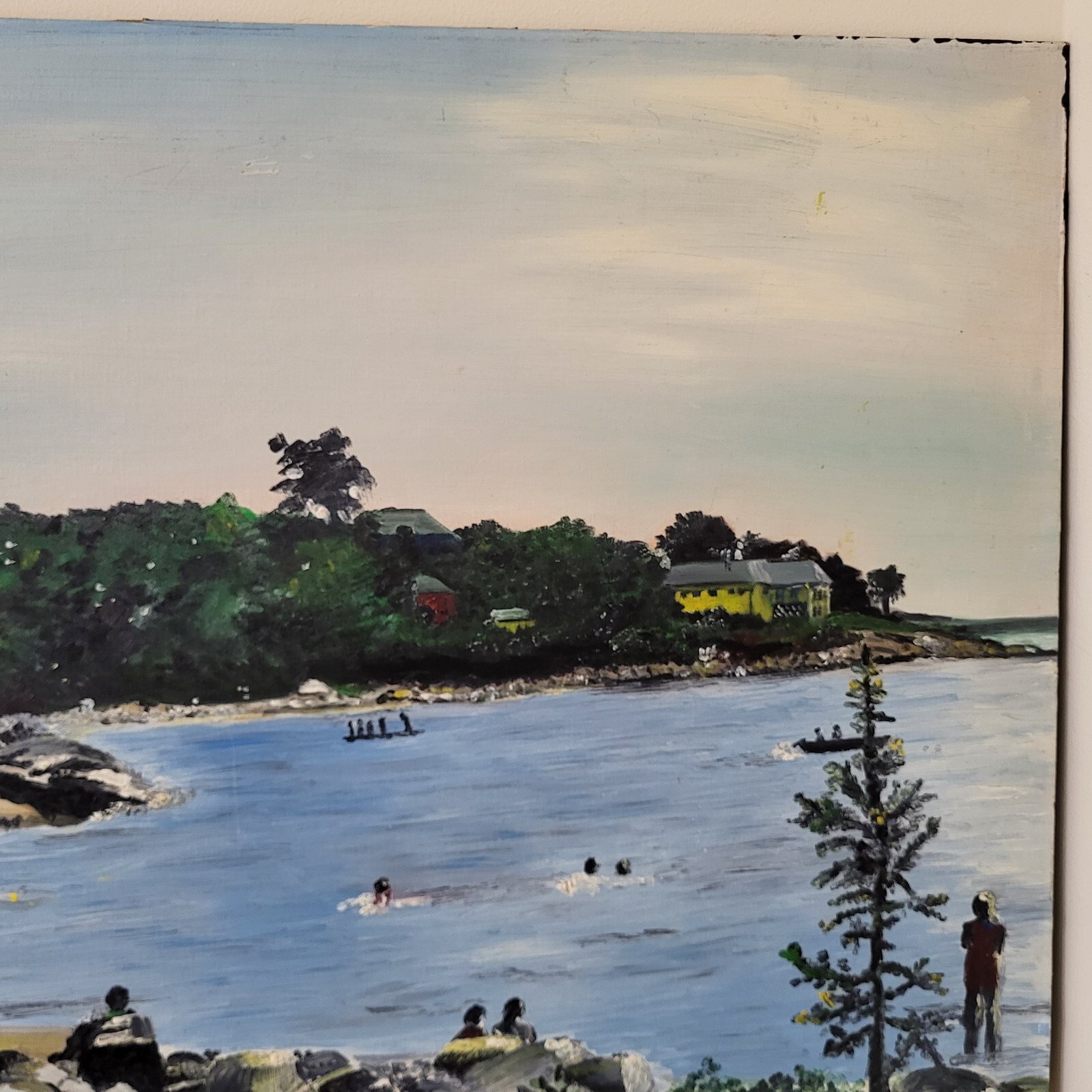 Vintage Lg Unframed Naive/Impressionist Painting People Relaxing at Lake 32×24