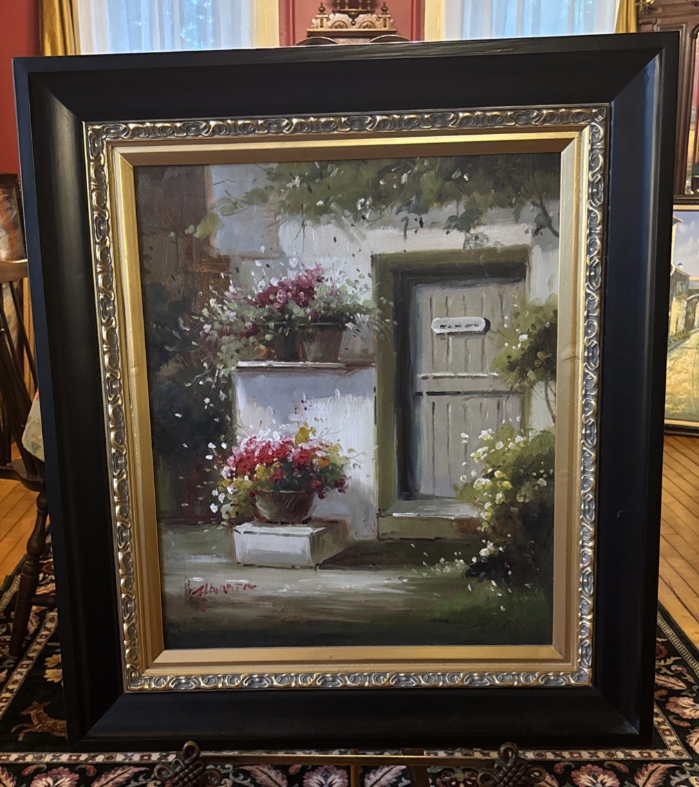 Landscape Oil Painting Signed With Ornate Black And Gold Frame 33 X 29