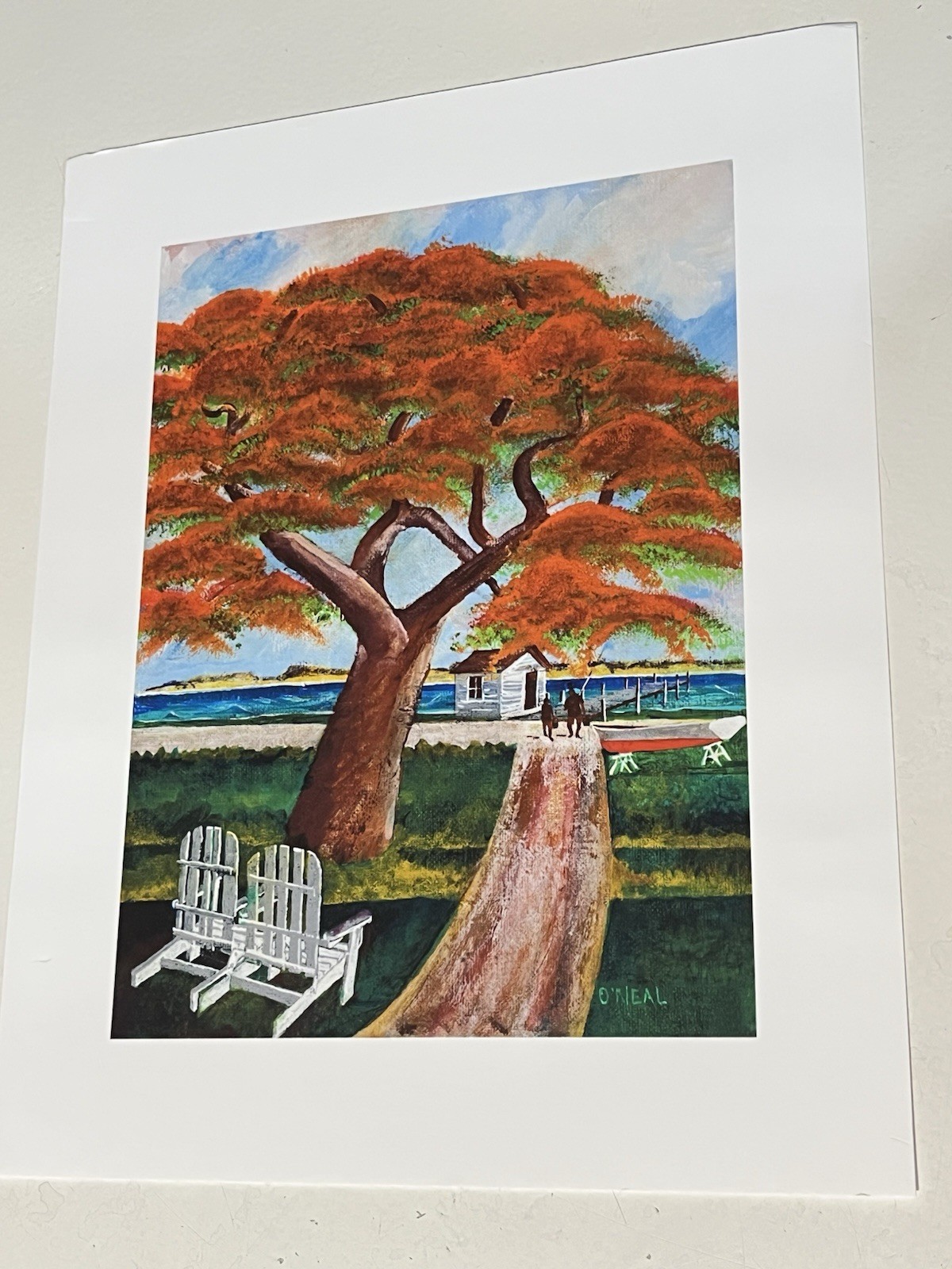 Original Acrylic Coastal Landscape Painting Red Tree Beach Cottage Folk Art
