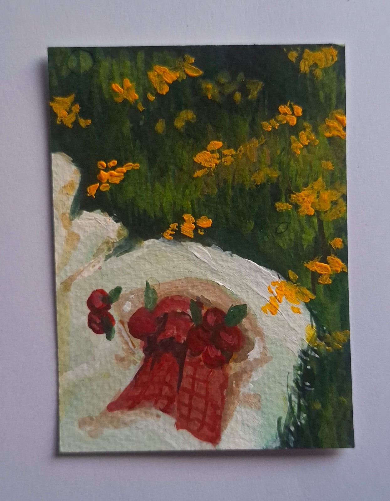 ACEO Original Gouache Picnic basket with apples Mini Painting «2,5 x 3,5»