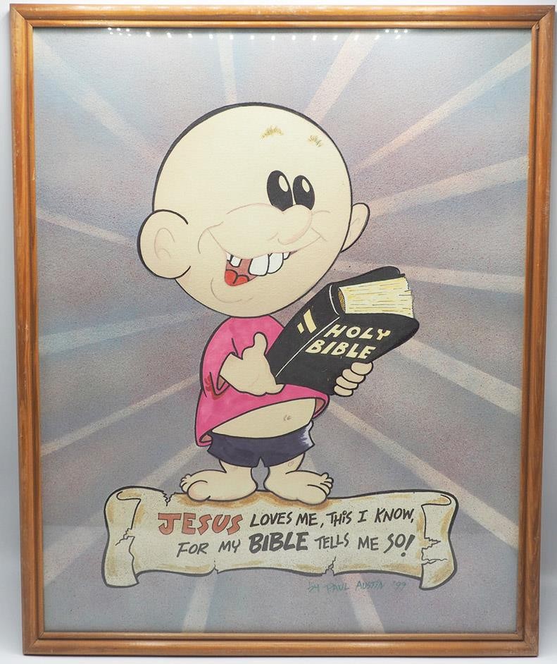 Watercolor Drawing Folk Art Framed 17×21 Jesus Loves Me Bible Tells Me So