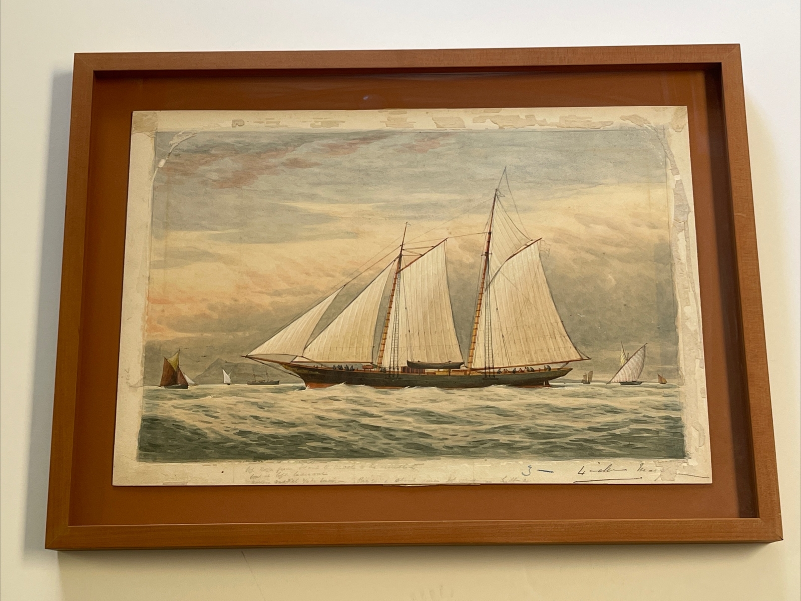 ANTIQUE PAINTING NAUTICAL SHIP SIGNED ILLUSTRATION BOTA WORKERS MYSTERY SEA