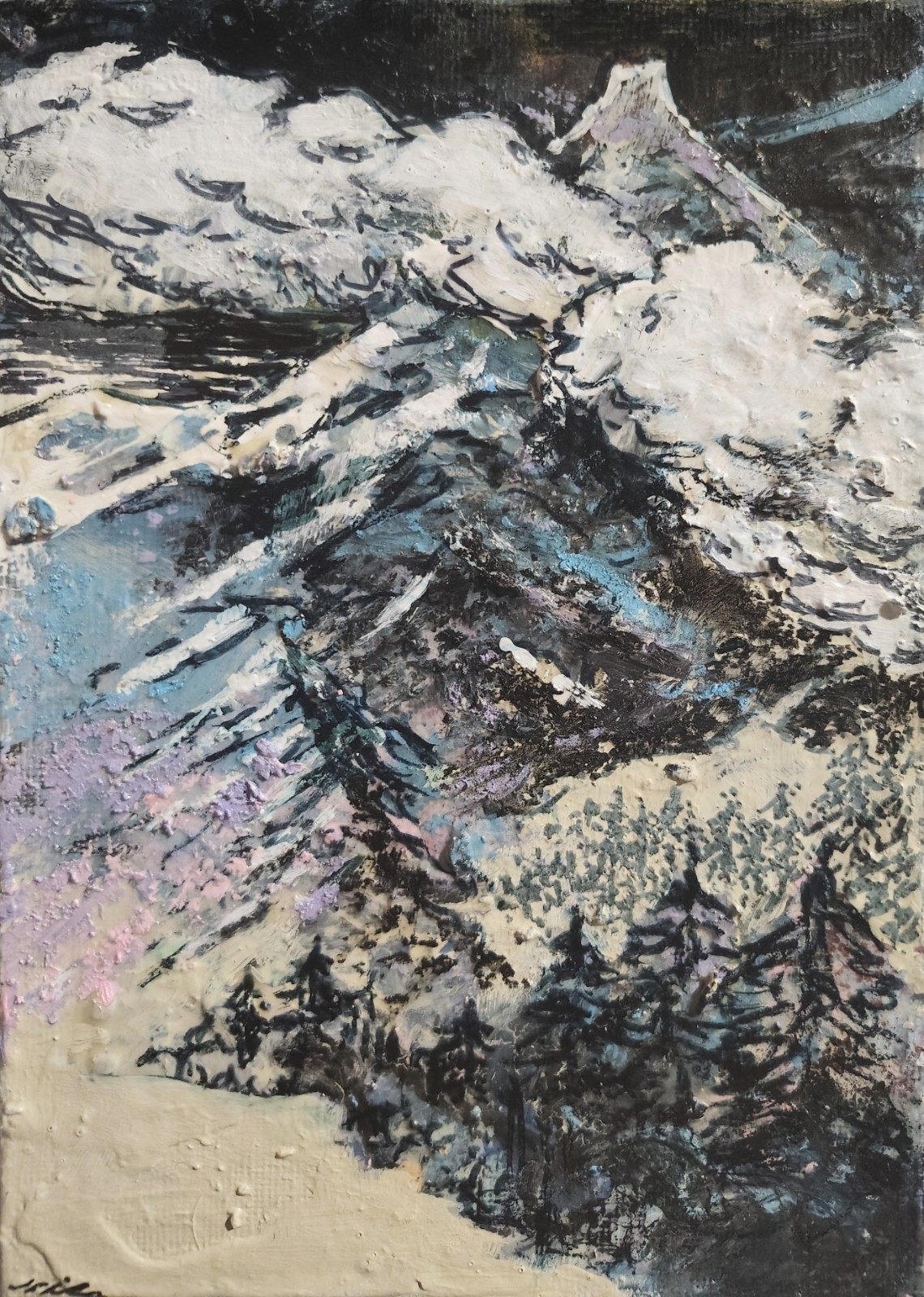 5 inch x 7 inch – Mountain Scene – Mixed Media Mini Painting by A. Avila