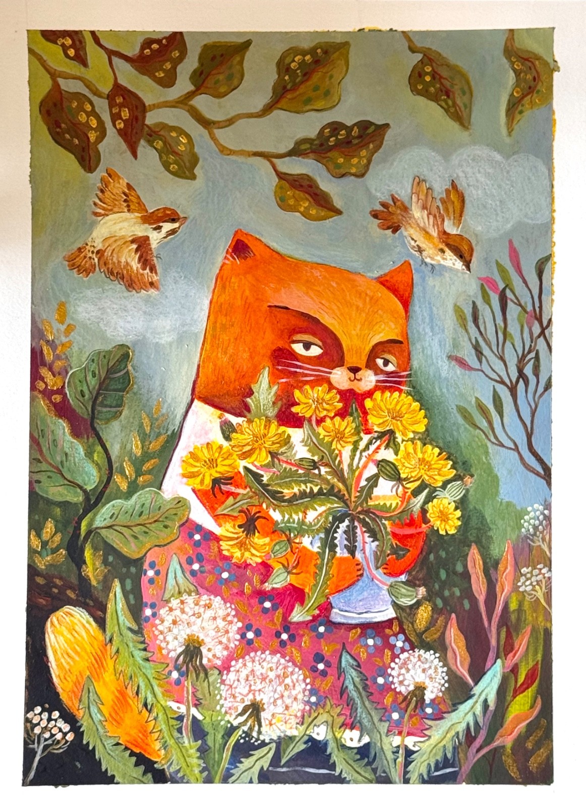 Original Painting Cat Dandelion Sparrow Folk Art Illustration 9×12