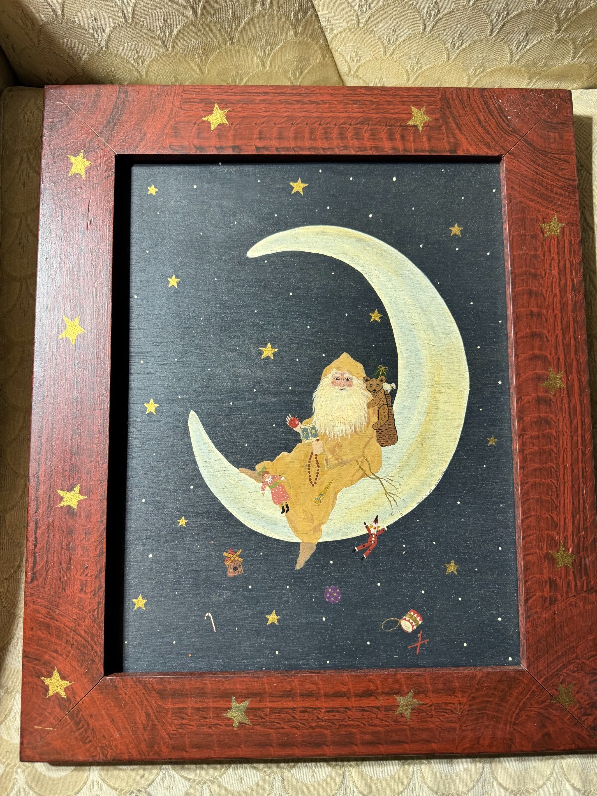 Annie Giblin 1991 «Santa On Moon Scene» Folk Art Painting – Signed And Framed