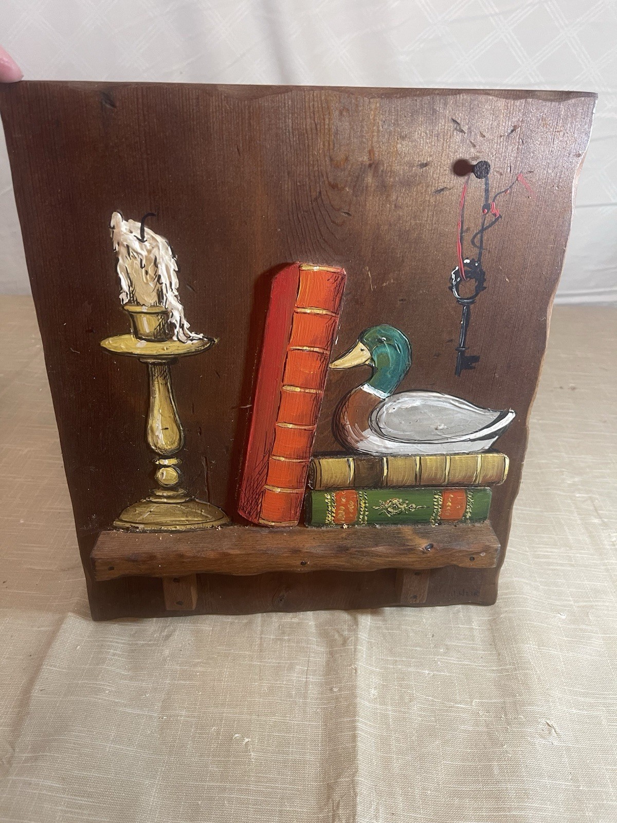 Vintage J. Weir Folk Art Wood Painted Books Duck 3D Shelf Nail Hunt Club Mancave