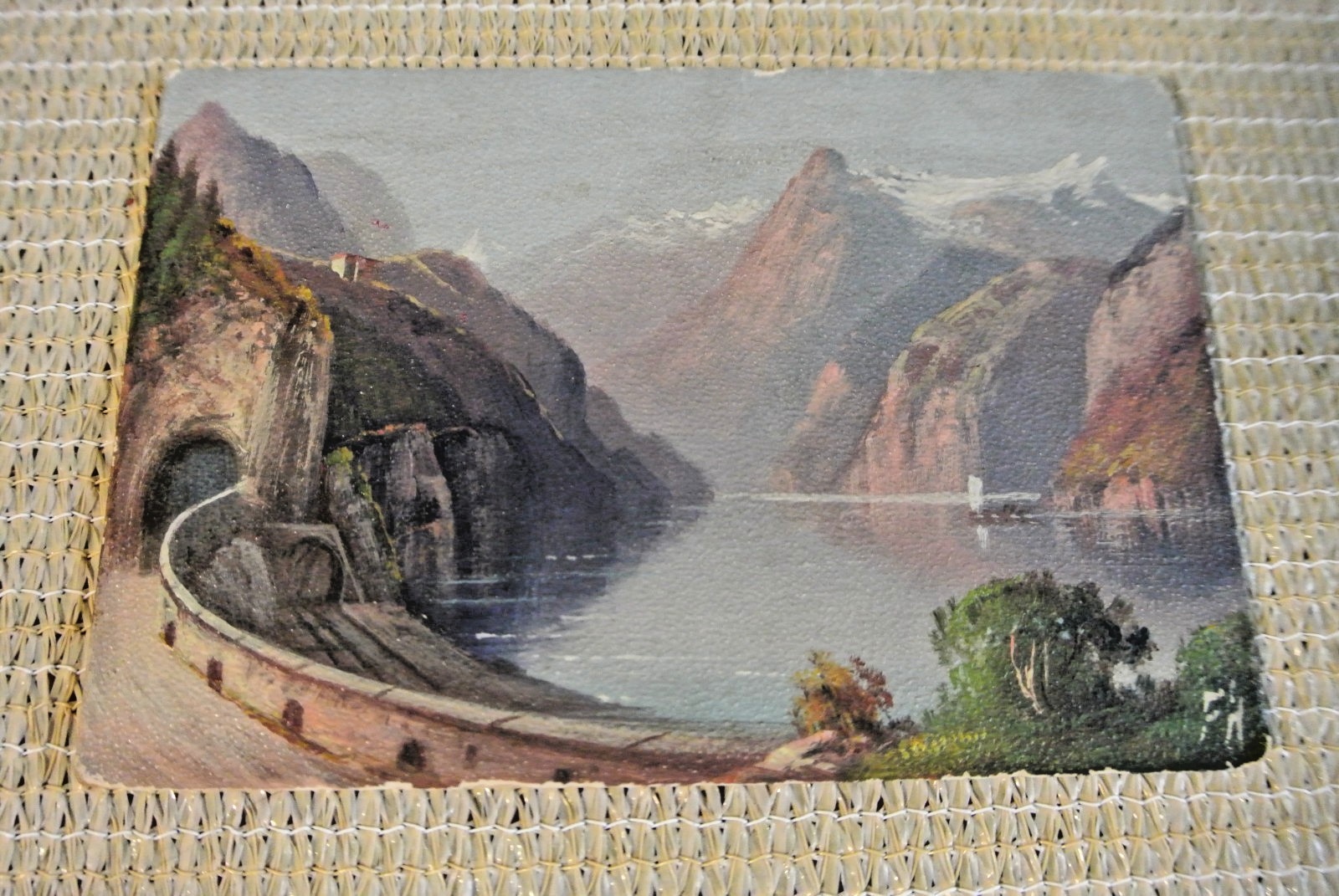 Antique Miniature Landscape Oil On cardboard Primitive Signed 4 1/4″ x 3 1/4″