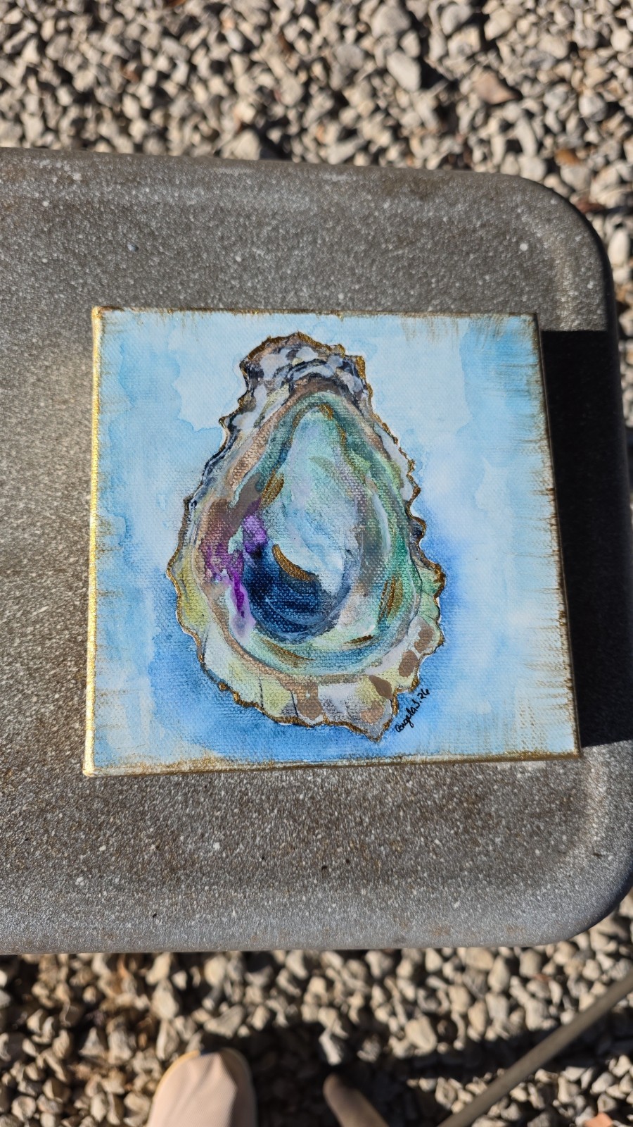 6×6 Original Oyster Shell Painting Small watercolor on Canvas