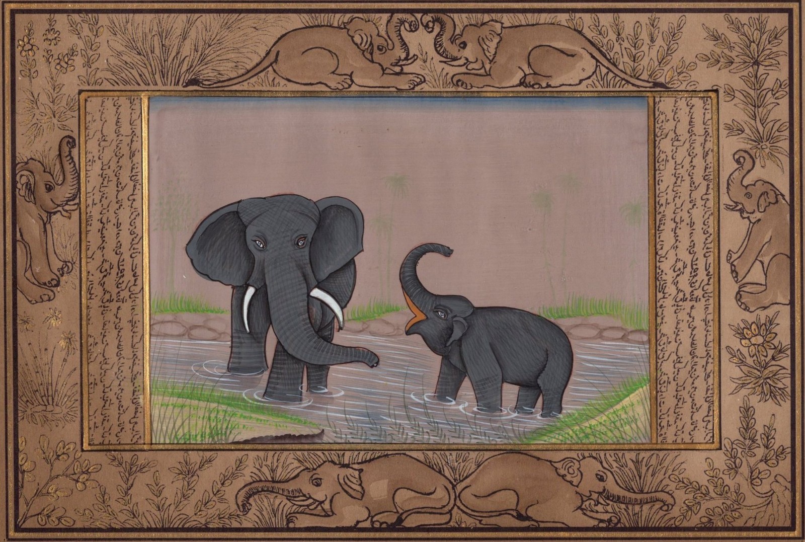 Elephant Miniature Painting Handmade Illuminated Manuscript Indian Animal Art