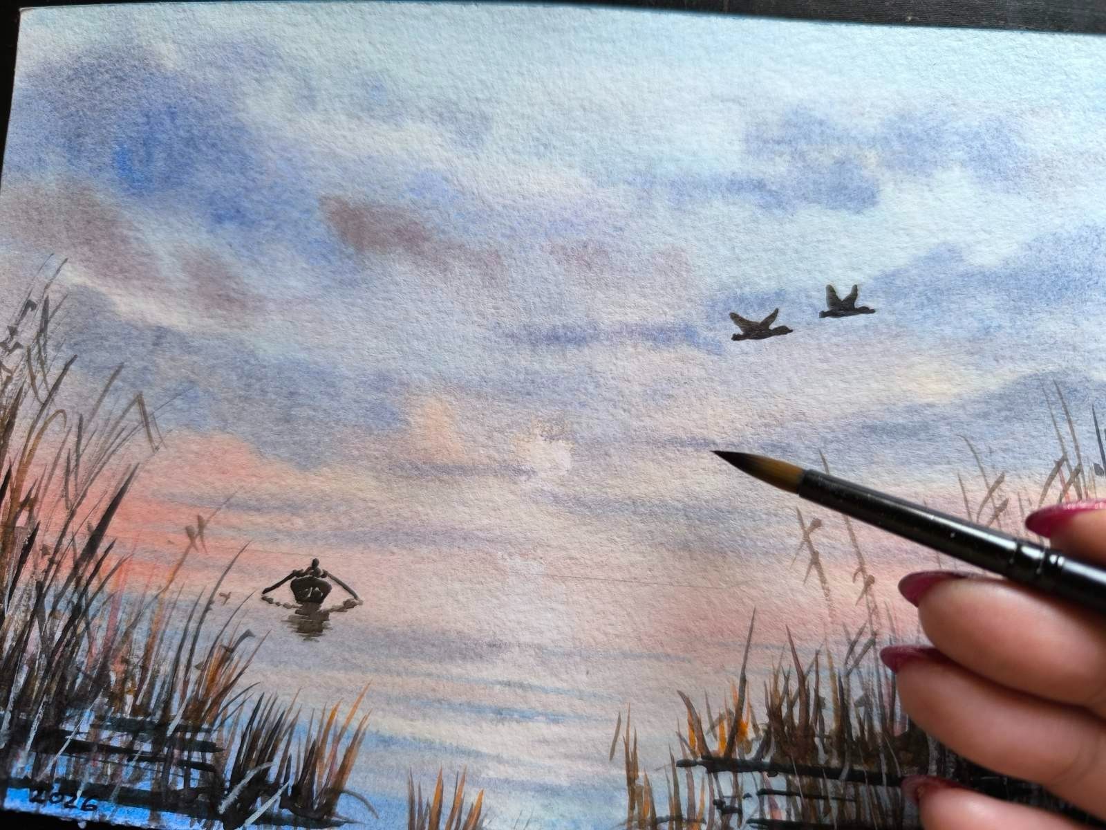 LONELY FISHERMAN BOAT Original Painting Artwork Landscape DUCKS Seascape Gift A5