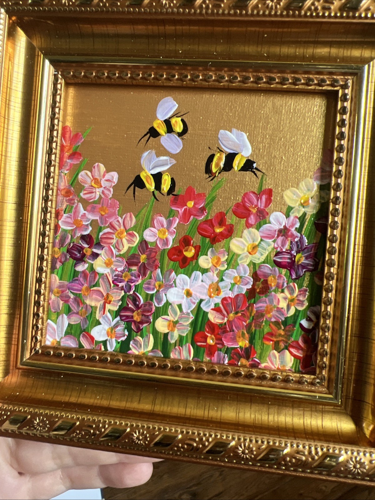 Bee, Honeybee Wild flowers, original,miniature Painting,small,mini, Framed