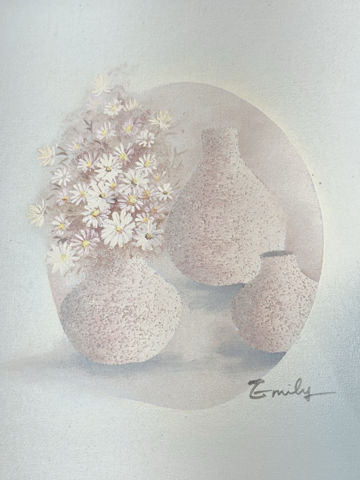 Still Floral Daisy Painting On Canvas Pastel Taupe, Pink & White 11.5×13.75 8×10