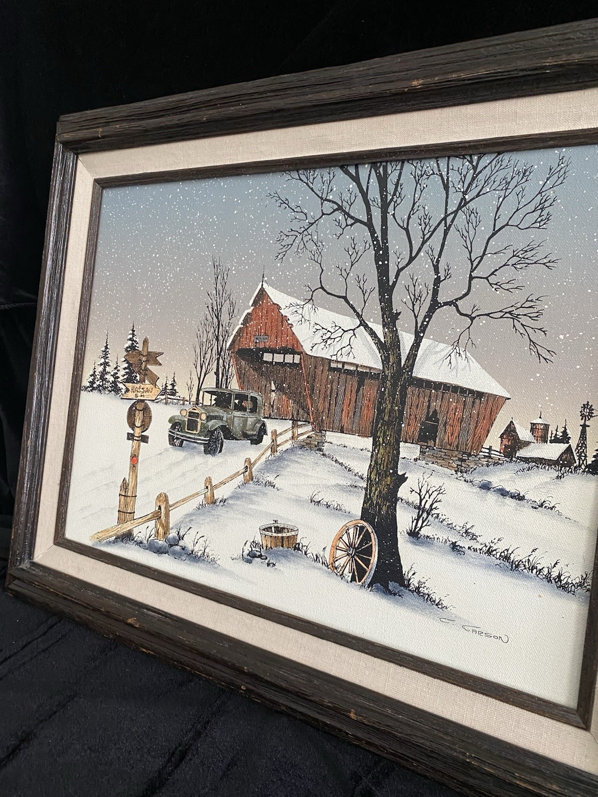Vintage Winter Barn Farmhouse Canvas Print Framed Snow Scene Rustic Wall Art