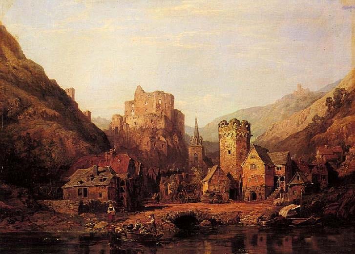 Charming Oil painting landscape church and castle In the middle of the mountains