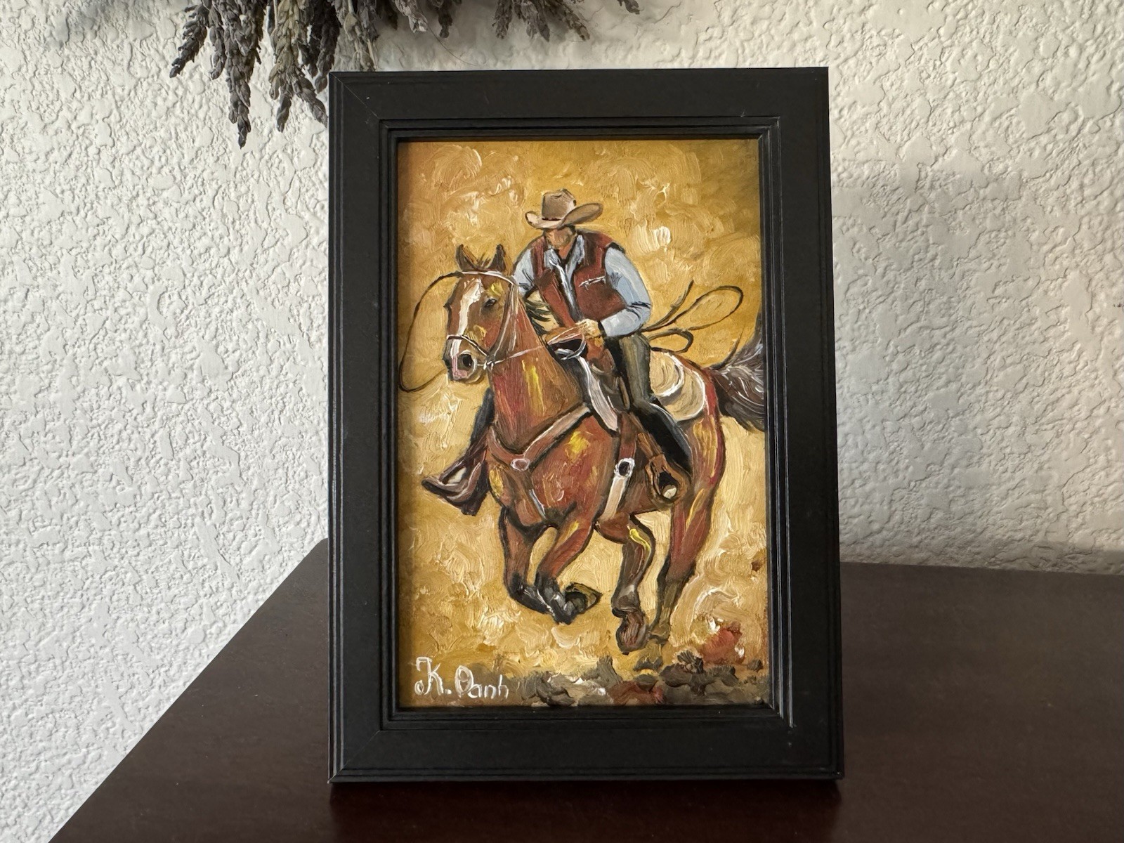 ORIGINAL OIL PAINTING WESTERN COWBOY SIGNED FRAMED 4×6