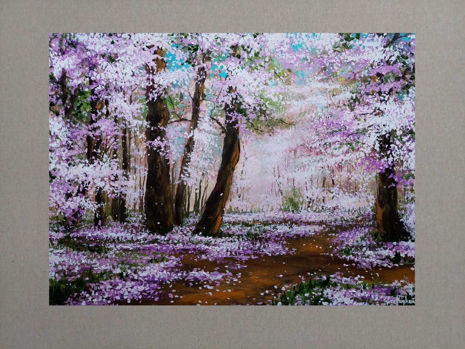 Fresh spring morning in sakura park original oil painting on canvas, landscape