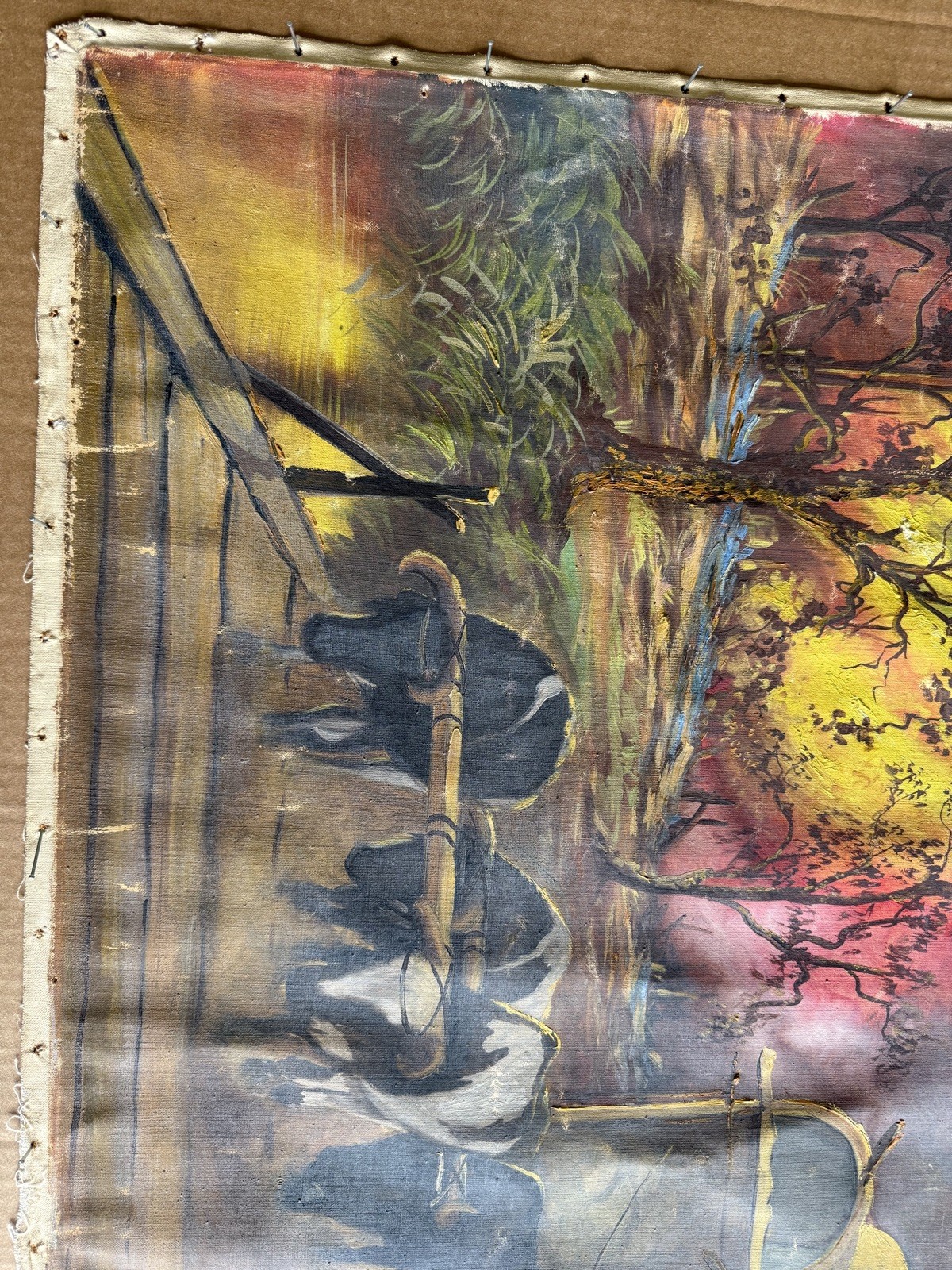 An Old Original Painting Signed Benedito Luizi Cowboy Western Wagon Mill Road