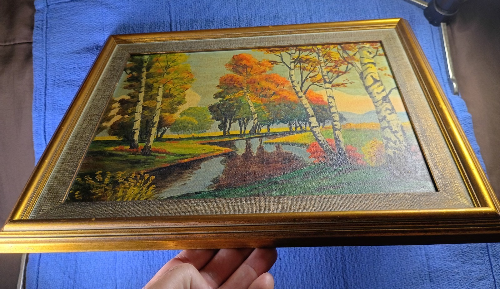 Framed Oil Painting On Board – Stream w/ Trees & Landscape 14.5”x11.5”