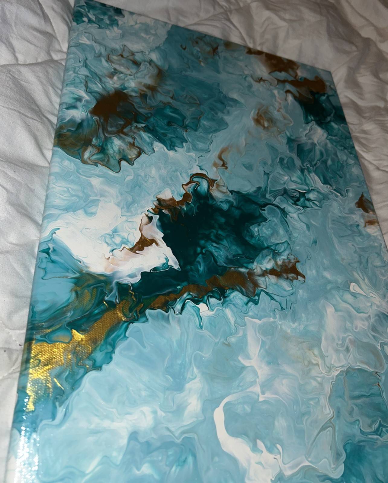 24×12 Handmade Canvas Abstract Oil Painting Blue Gold & White