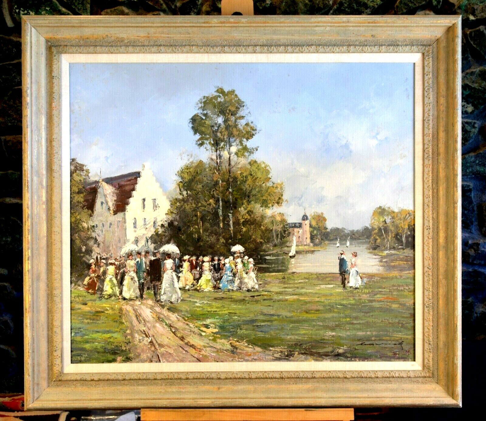 Lg Vtg Landscape Oil Painting- Summer Lake Party – Franz Martinek