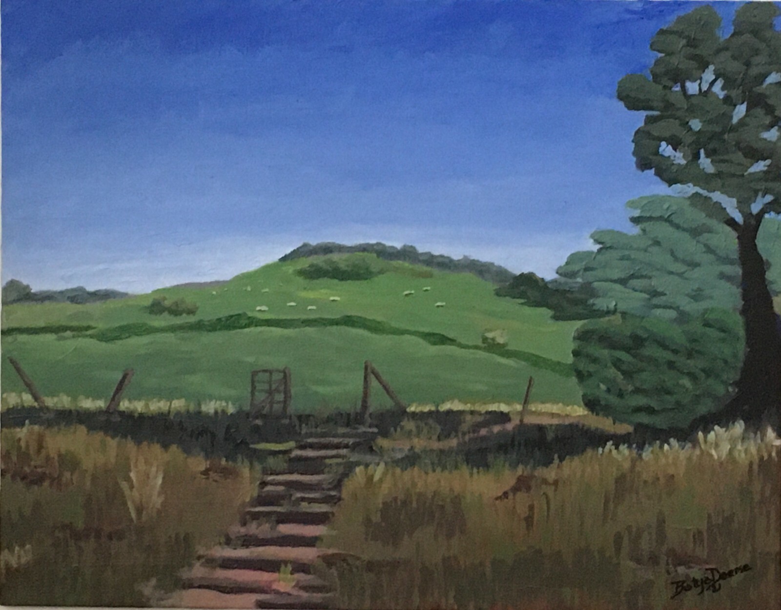 Original Bucolic Landscape Painting w Sheep Sold by Artist Batya Deene 11″x14″