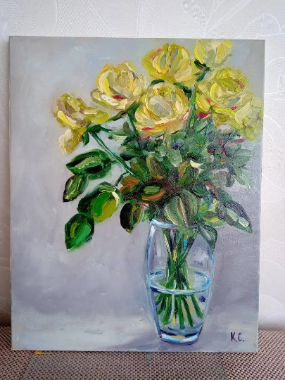 white roses original oil painting, roses in vase painting, rose wall art