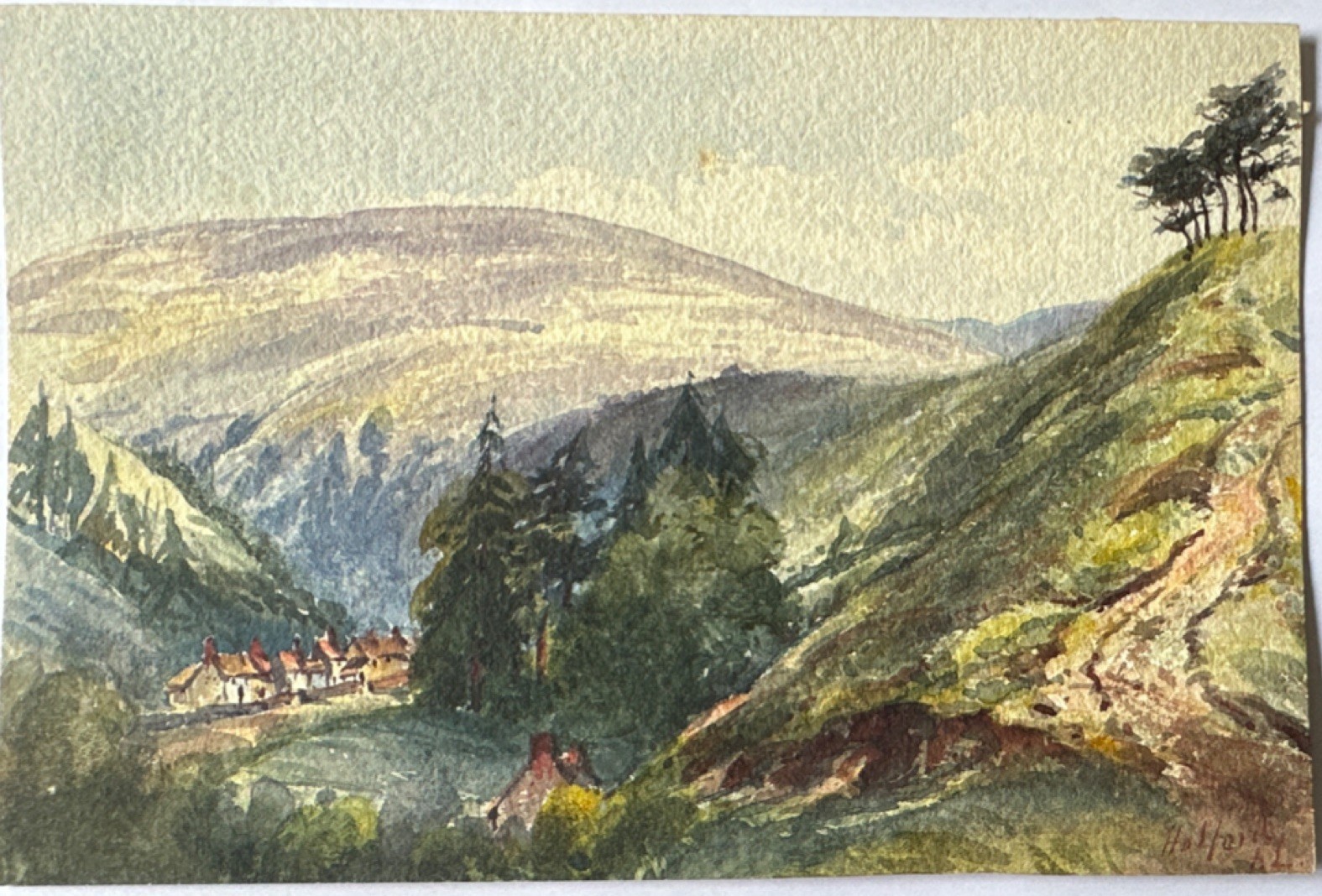 Signed Original Watercolor Mountain Village Landscape Painting