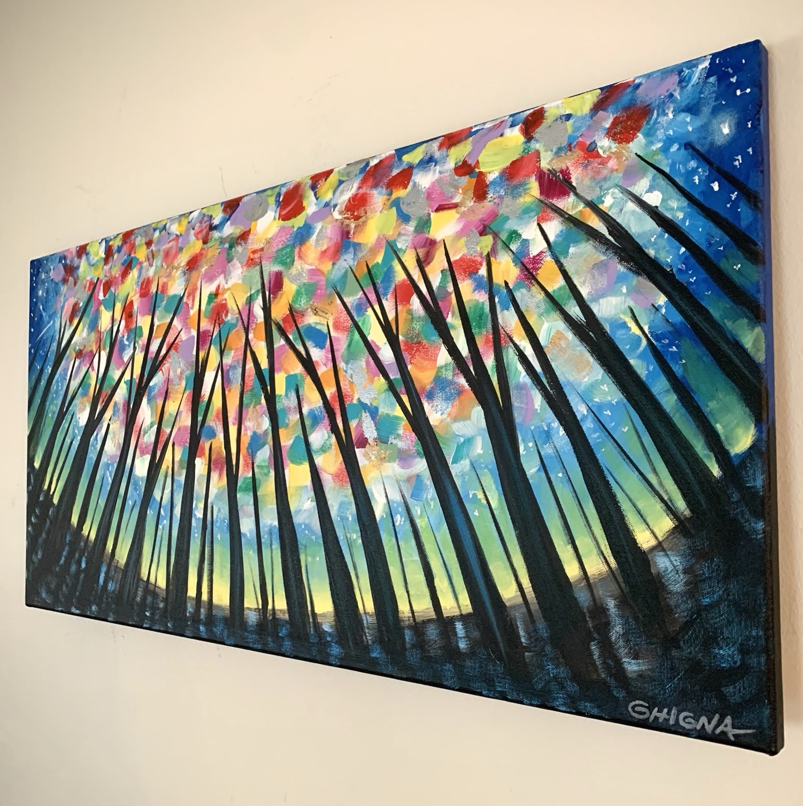 Original Art Landscape Nature Tree Painting “Morning Forest” 12×36” Canvas
