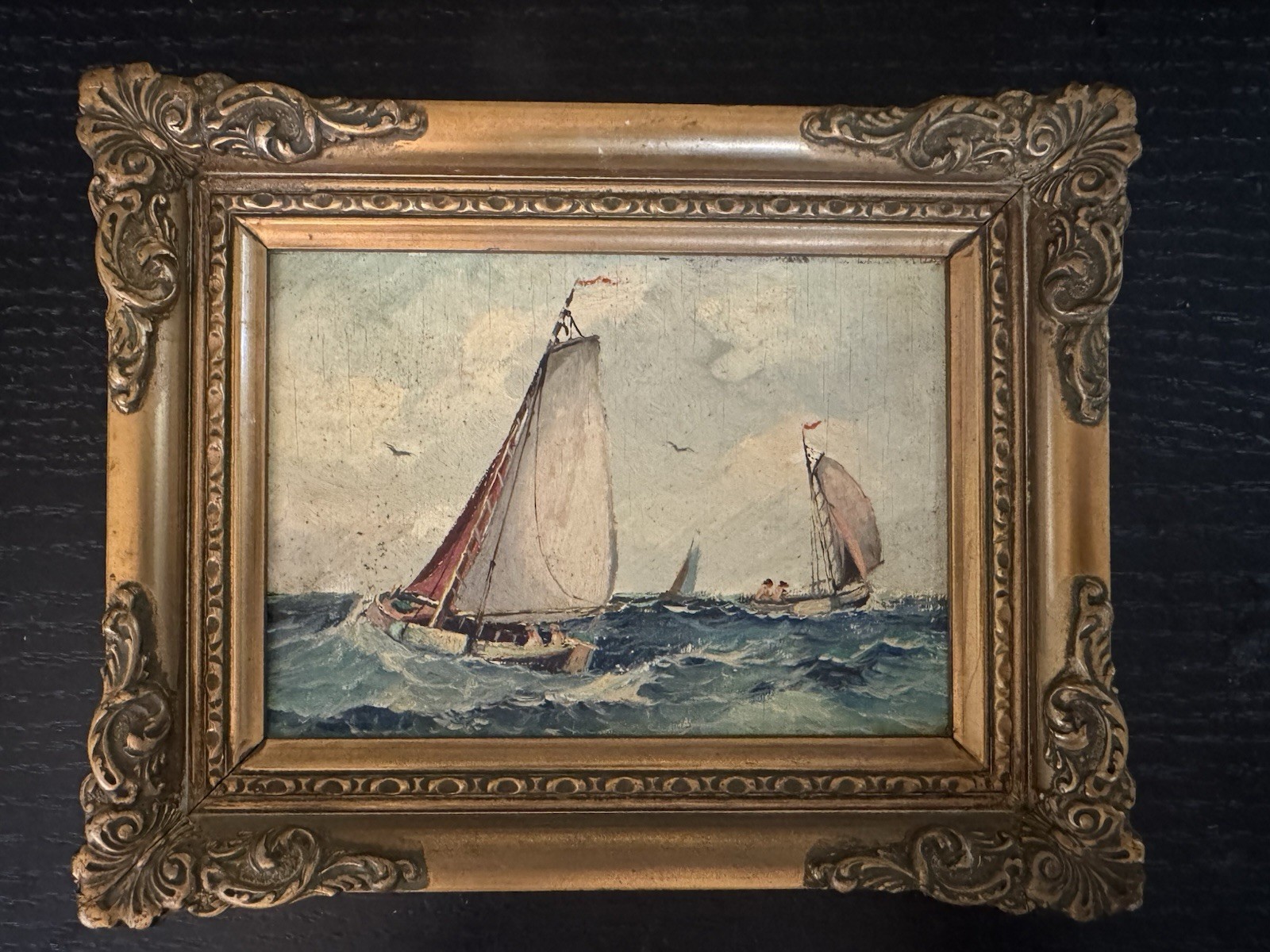 Antique Dramatic Seascape Oil Painting Sailing Ships in Stormy Waves C1900