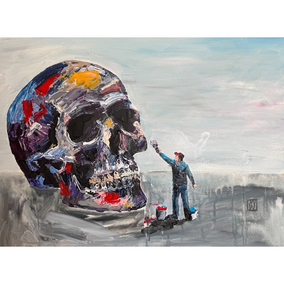Original Expressionist Skull and Painter Impasto Palette Knife Painting 18×24″