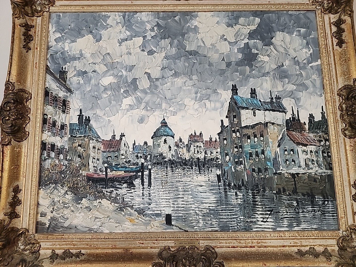 Jan Van Donck Dutch Impressionist Harbor View Large Old Oil Painting