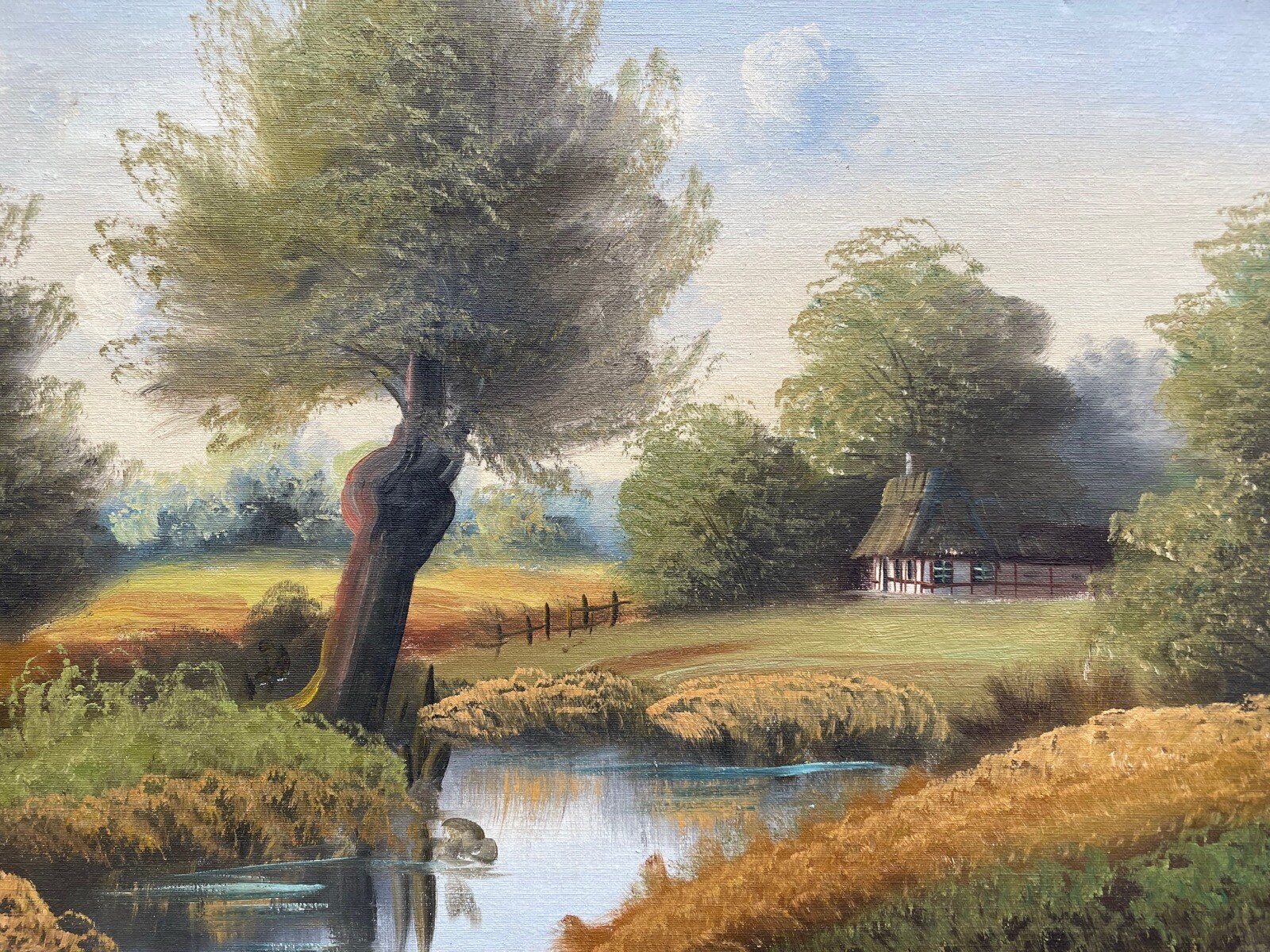 Impressionist Landscape With Thatched Cottage By The River Oil Painting