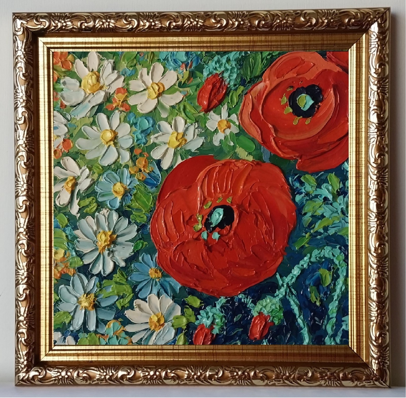 Framed Daisies Red Poppies Summer Wildflowers 5×5” Impasto Oil Painting Original
