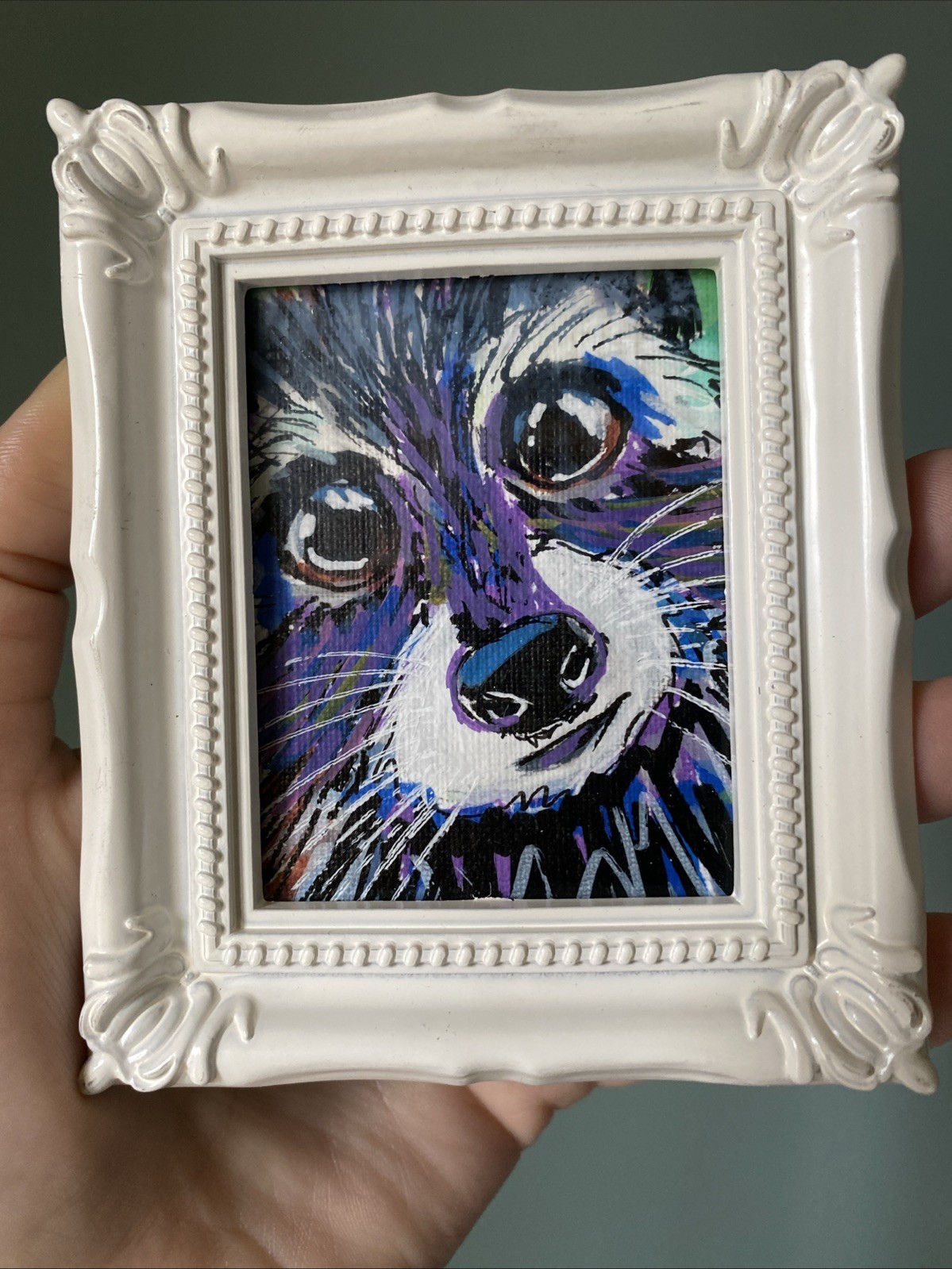 Raccoon,animal Head,Original Painting On Paper,3/4,framed,miniature,small,mini