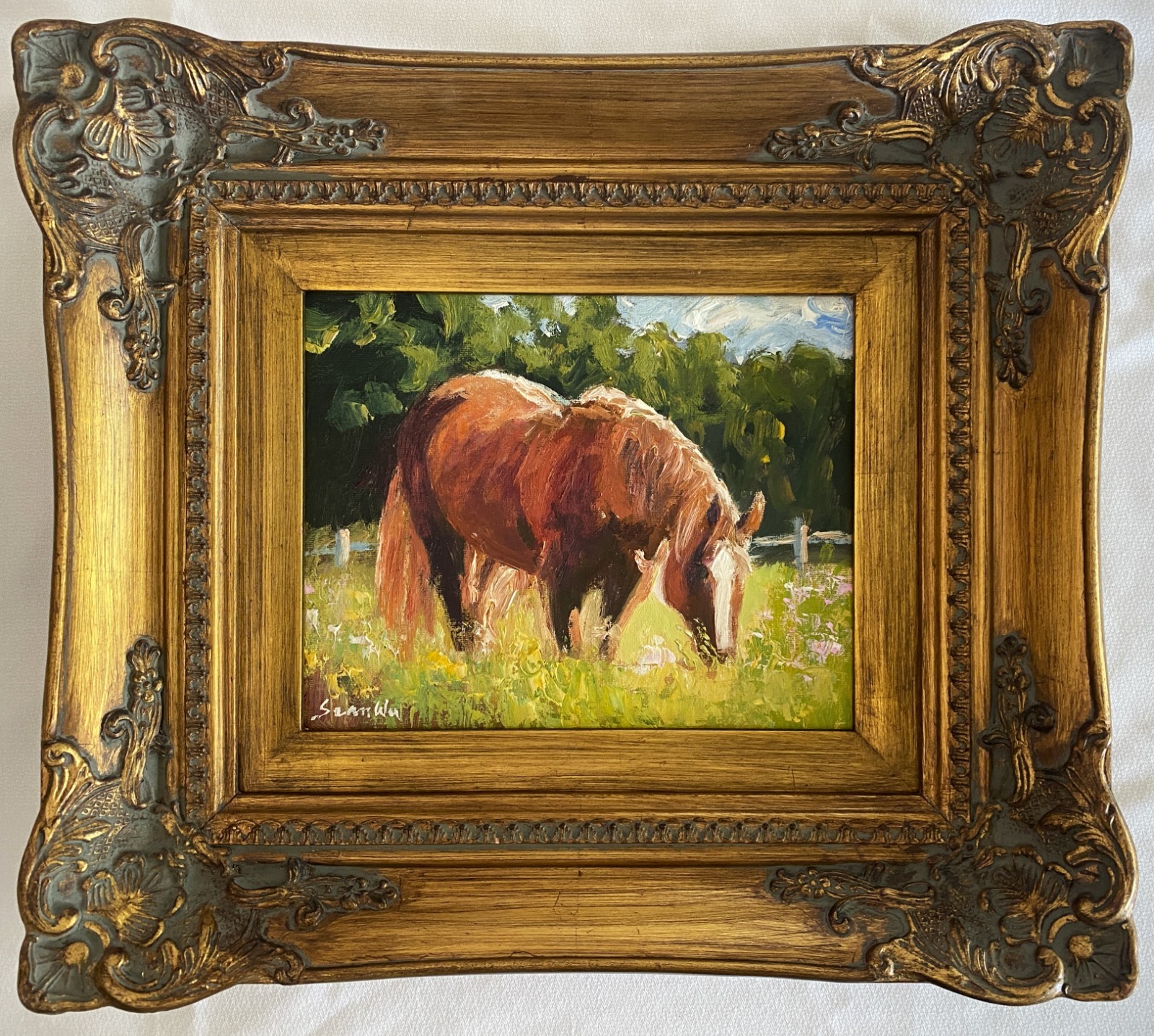 Impressionist Original Oil Painting – Horse grazing in meadow- Ornate Gold Frame