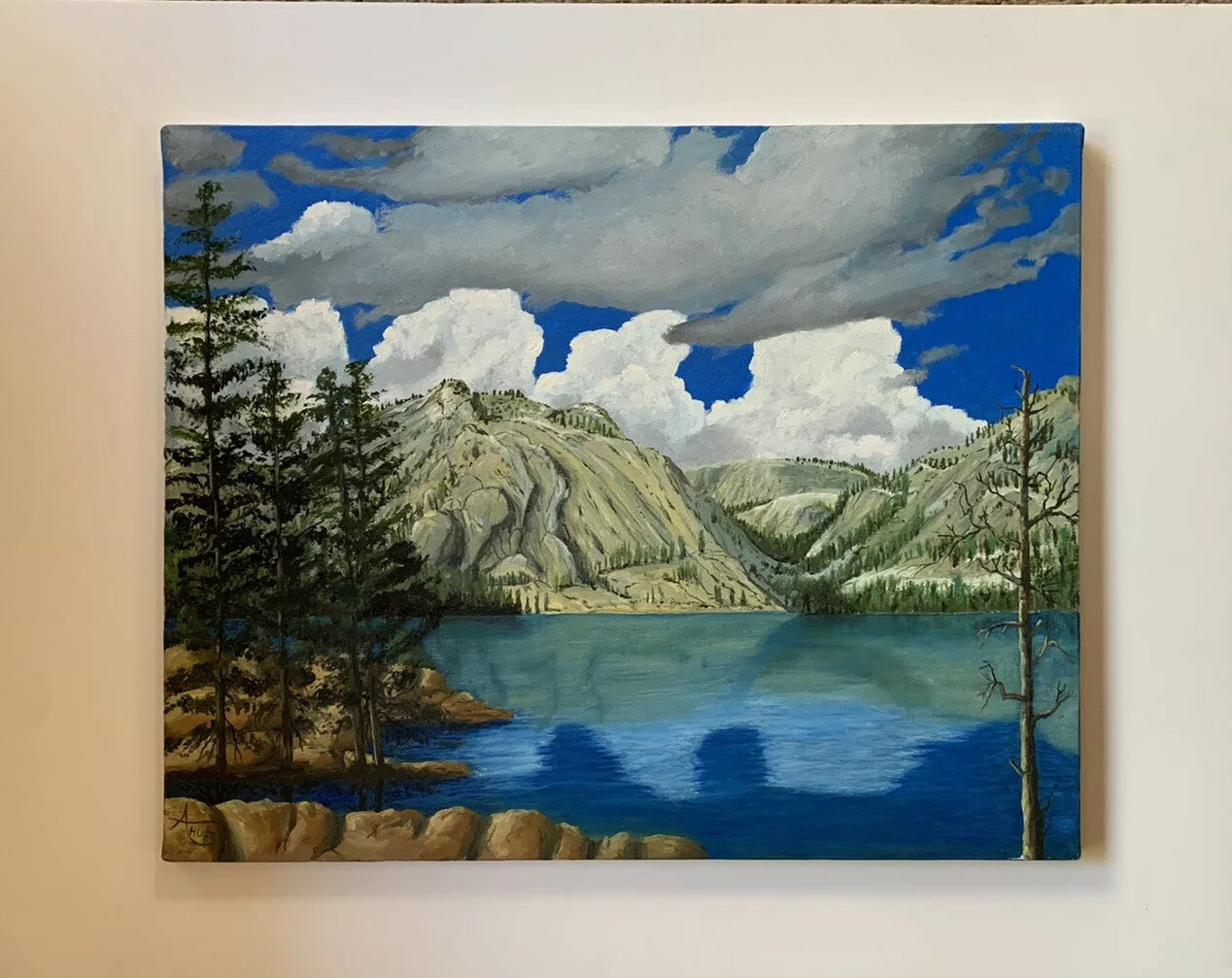 Painting Landscape Mountain Lake Clouds Original By A. Huff Oil Or Acrylic