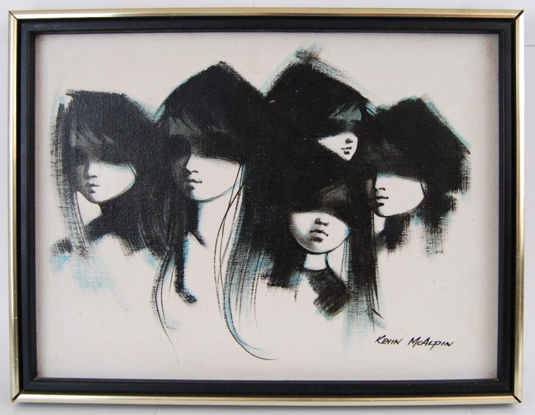 Vtg 70’s MCM Original Kevin McAlpin oil painting Five Blindfolded Children 16X12