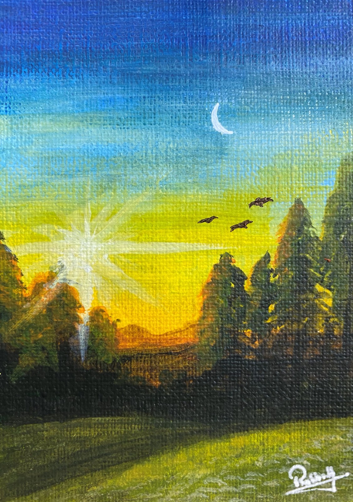 ACEO Acrylic Painting Sunset Sunrise Forest Trees Birds Sky Nature Landscape Art