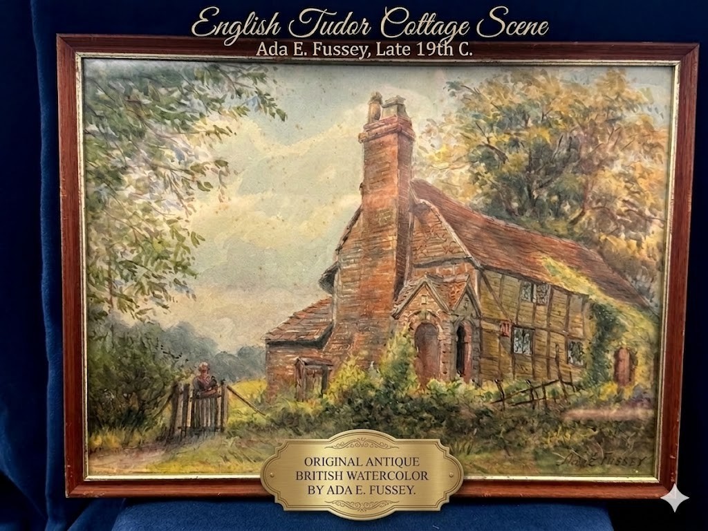 Antique British Original Watercolor Painting Ada E. Fussey English Tudor Cottage