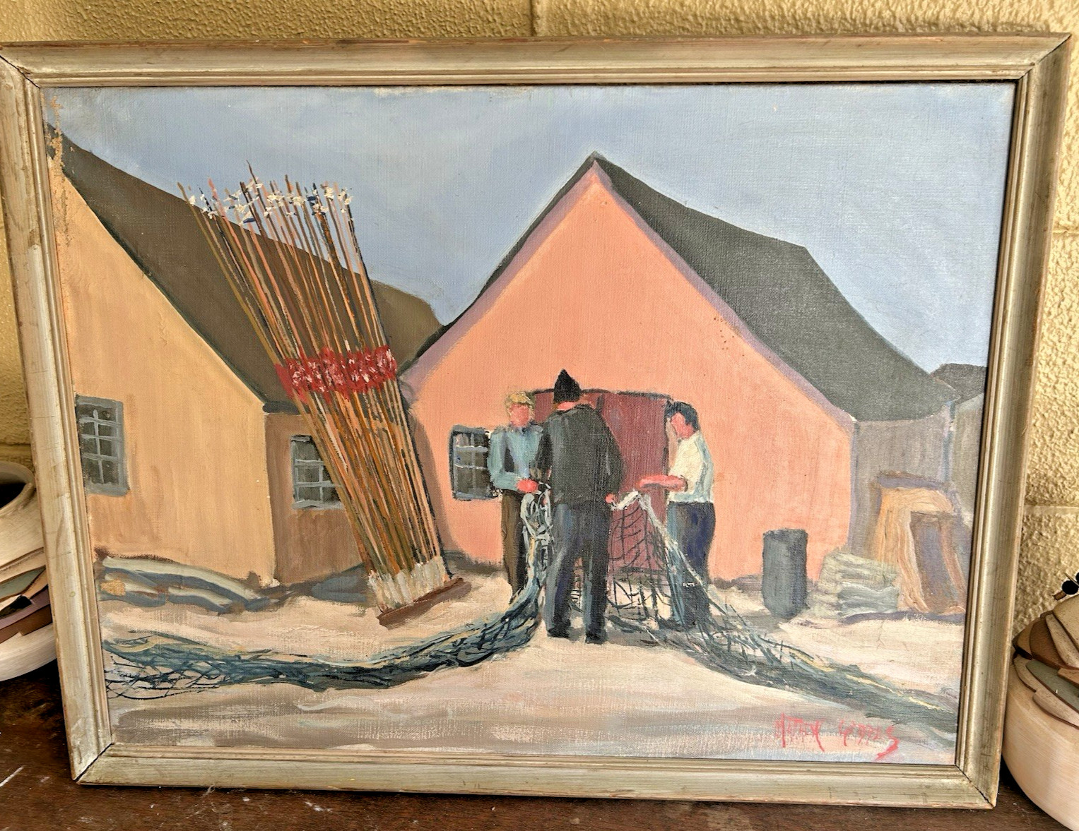 New Jersey Artist Matthew Geddes (b. 1889) Fishing Nets Village Modernist Oil