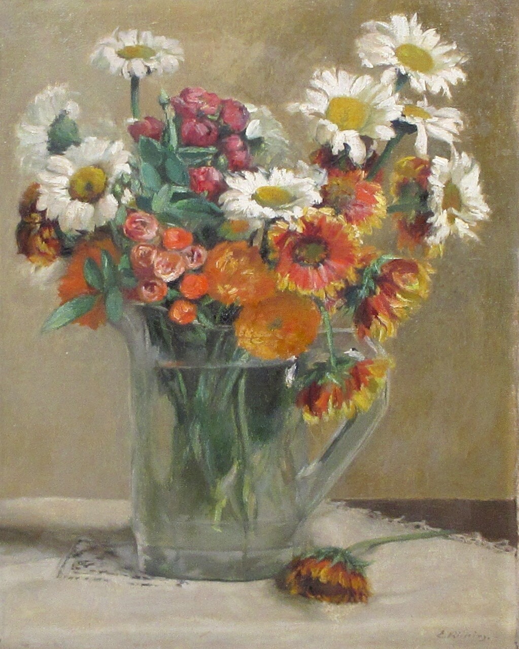 Vintage French Oil Painting Canvas Bouquet Flowers Daisies Glass Pitcher, Signed