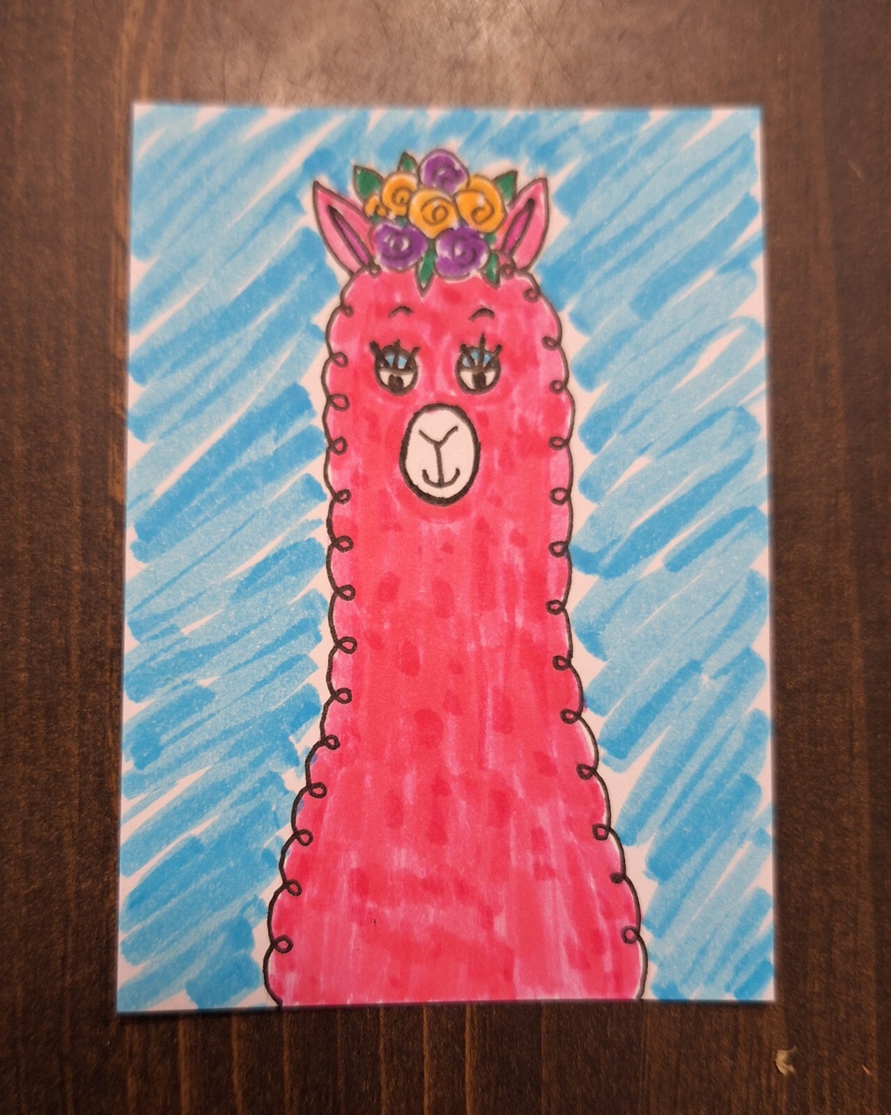 ACEO Original Whimsical Pink Alpaca Watercolor Cartoon Painting