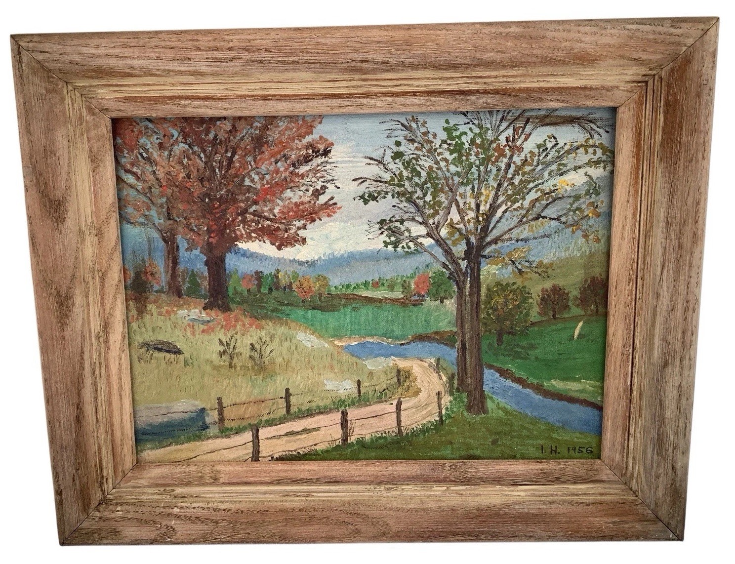Vintage Fall Landscape Original Oil Painting Vibrant Wood Frame Artist Signed