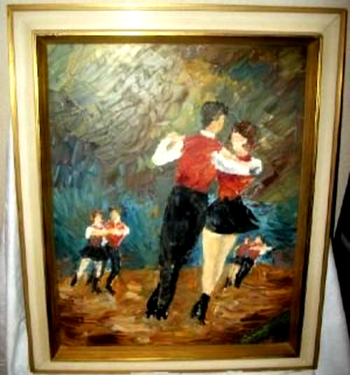 1950s Impressionist Oil Painting Figures Skaters Georgia Lambert Greece Vintage