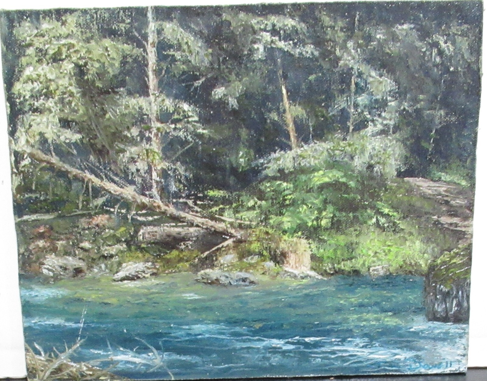 TOM DOWELL FALLEN TREE RIVER CREEK ORIGINAL OIL ON BOARD LANDSCAPE PAINTING