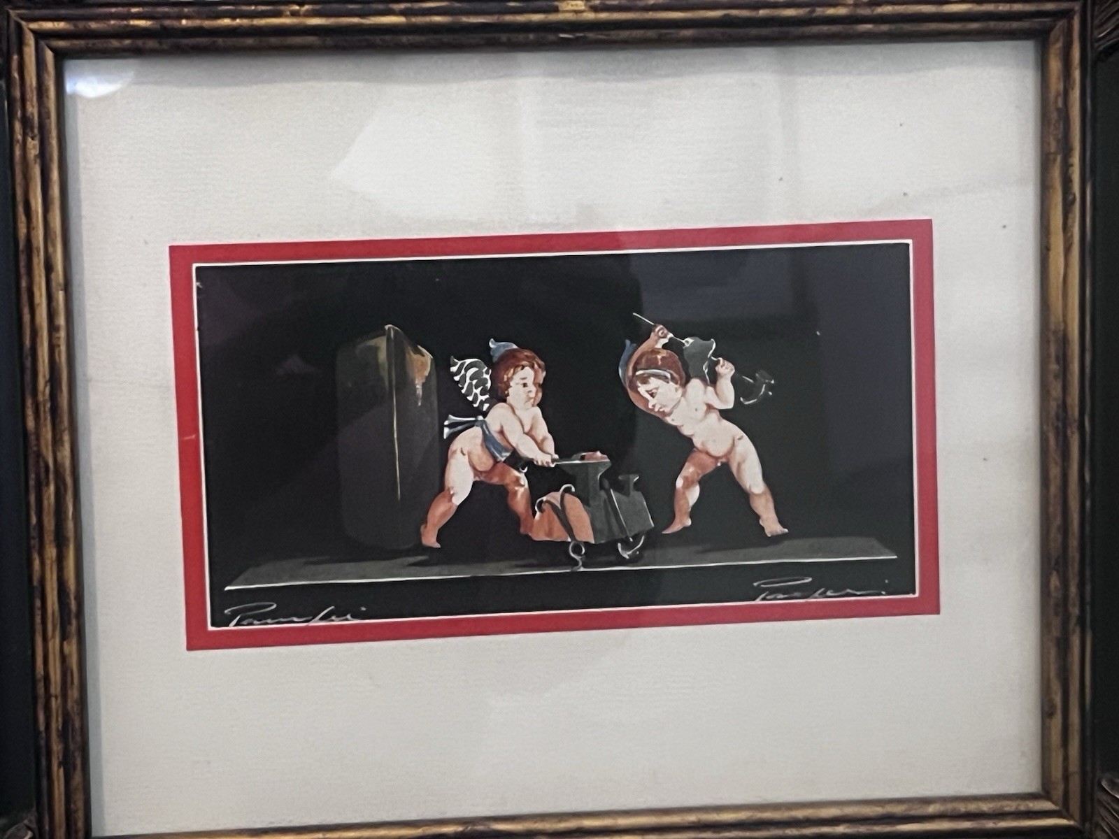 VTG POMPEII FRESCO INSPIRED TWO PUTTI OR WINGED CHERUBS GOUCHE FRAMED ART 11×13