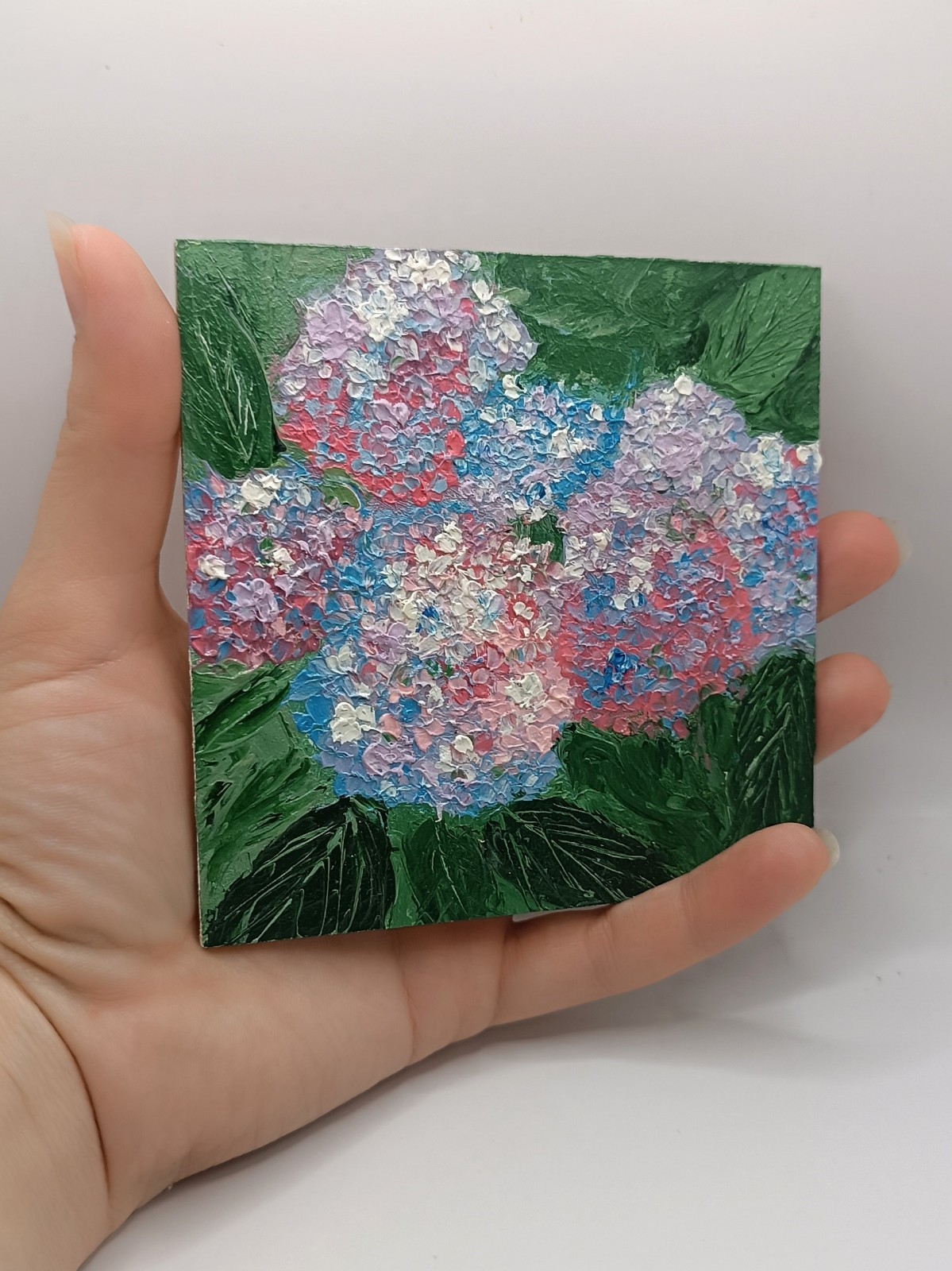 Original Miniature Hydrangea Oil Painting Framed Floral Impasto Art Bloom 4×4