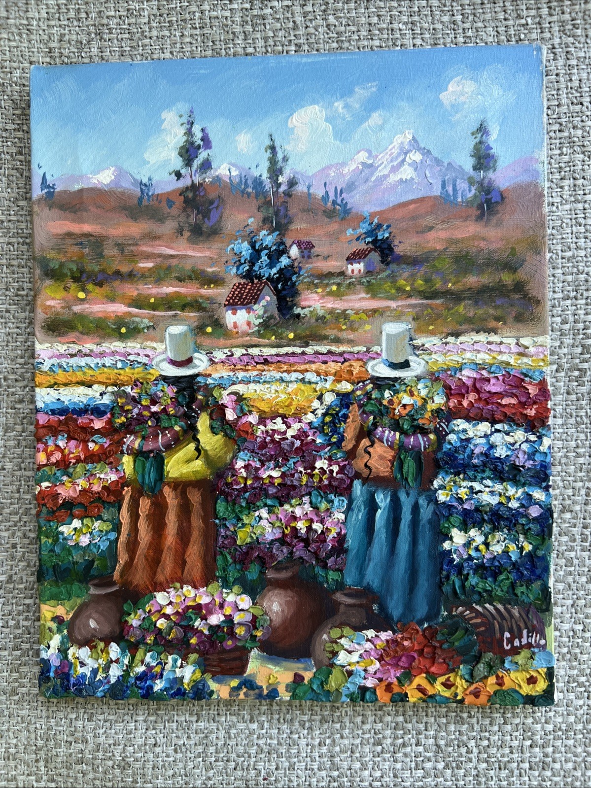 Original Peruvian Oil On Canvas Painting Indigenous Women Flowers Signed Cadillo
