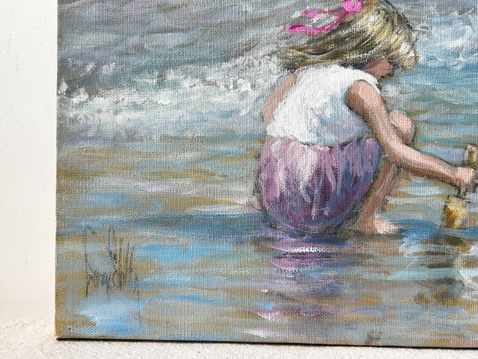Original Oil Painting, Signed 20»x16″ Children on The Beach, Ocean Landscape