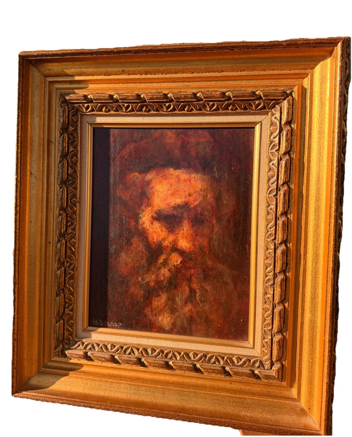 Antique Framed Old Man Portraiture Oil Painting By Helen Bishop Signed- Undated